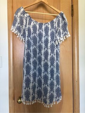 Heartloom Dress Gauze White with Navy Tassel Trimmed